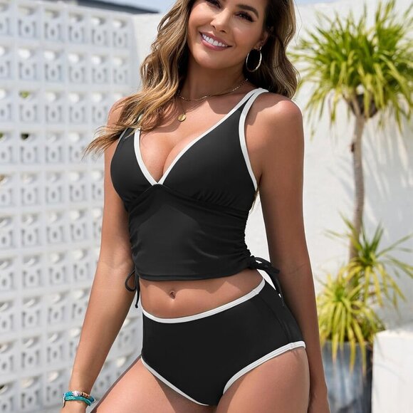 Brand New Women's Tankini Swimsuit Large Black V-neck Tummy Control High Waisted - Picture 2 of 7